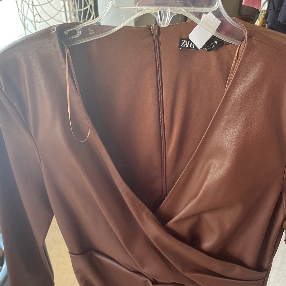 Zara Chocolate Faux Leather Wrap Dress